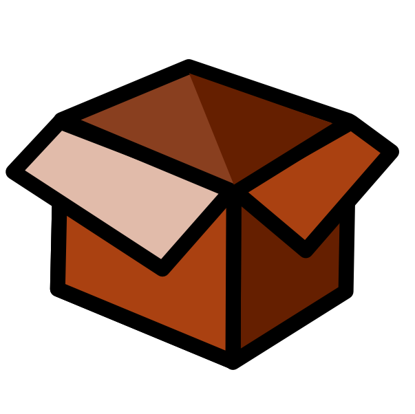 A brown cardboard box with dark line art.